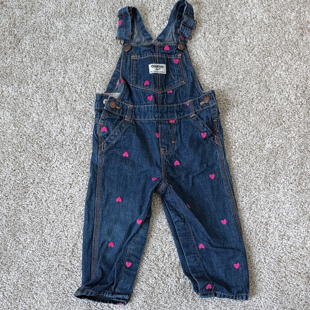 OshKosh B'gosh Navy Denim Overalls with Pink Heart Print - Kids
